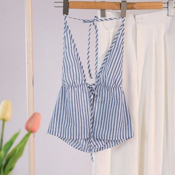 Blue white Casual Women's Striped Halter Neck Tie Cami Top - Picture 3 of 8